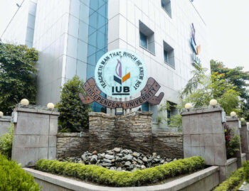 corner view of IUB building with IUB insignia